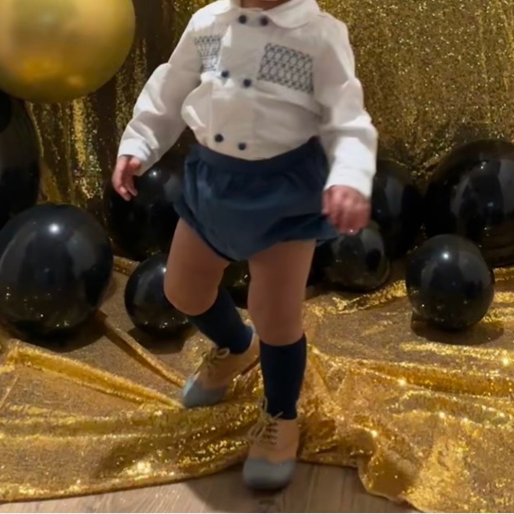 Spanish Style Baby Outfit with White Top and Blue Shorts